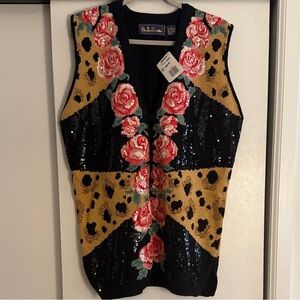 VINTAGE NWT Floral Sequin Vest - Black, Gold, and Pink